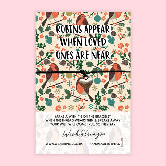 WishStrings Wish Bracelet – Robins Appear When Loved Ones Are Near | Robin Memorial Gift | Heart Charm Bracelet | Christmas Remembrance Keepsake Gift