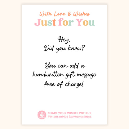 a message that reads "With Love & Wishes Just for You" and "Hey, Did you know? You can add a handwritten gift message free of charge!" The message is written in a handwritten font and is accompanied by a pink hashtag symbol.