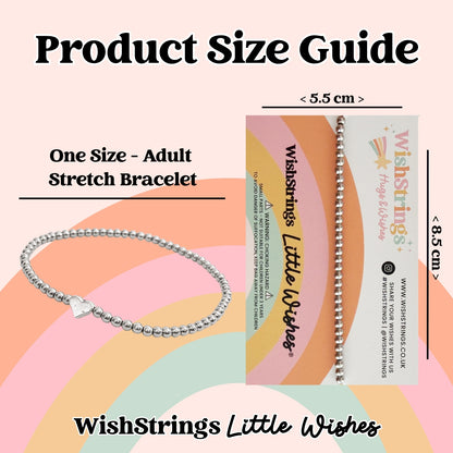 The image is a product size guide for a one-size-fits-all adult stretch bracelet. The bracelet is shown in the image, and the guide provides dimensions and a description of the bracelet.