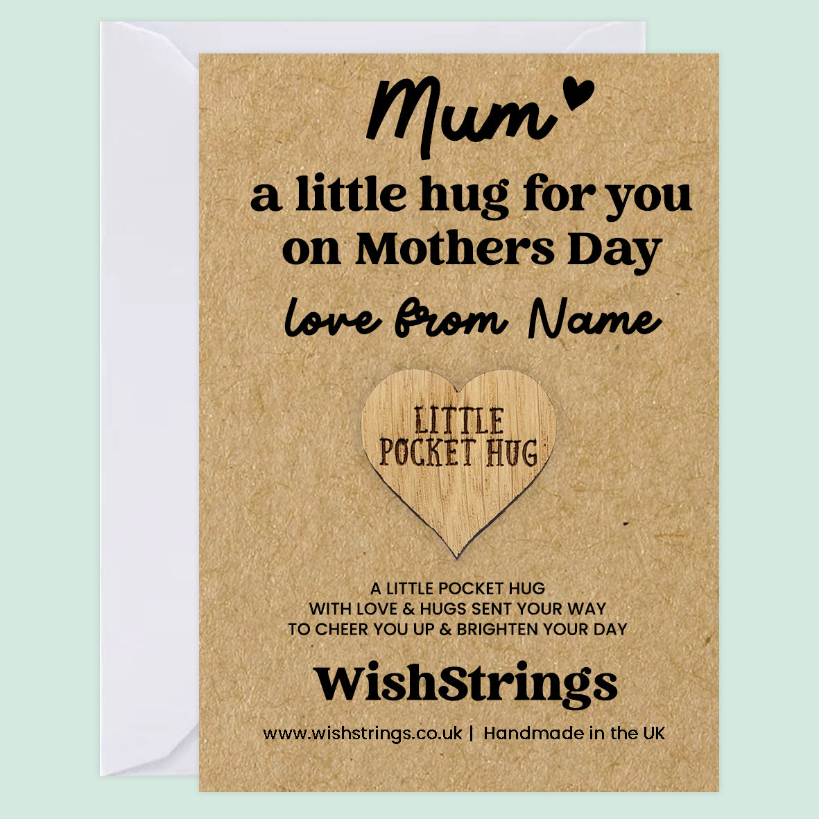 Personalised Mother’s Day Pocket Hug for Mum | Custom “Love From” Name | Wooden Heart Token Letterbox Gift for Mum