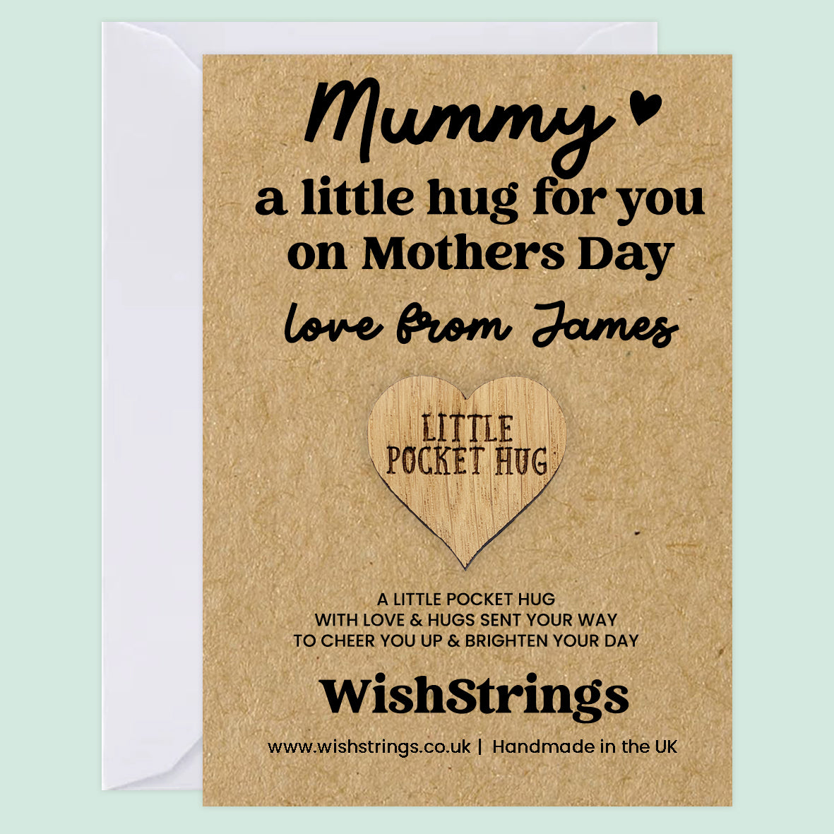 Personalised Mother’s Day Pocket Hug for Mum | Custom “Love From” Name | Wooden Heart Token Letterbox Gift for Mum