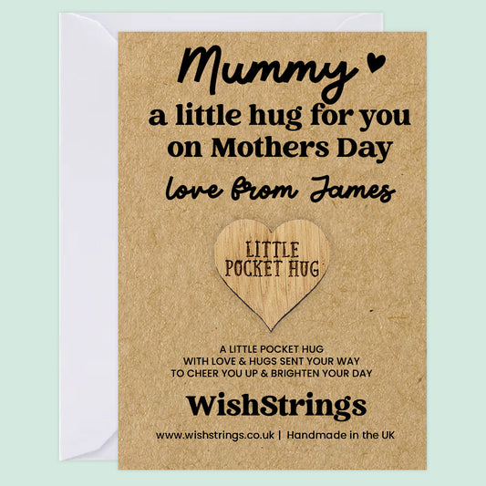 Personalised Mother’s Day Pocket Hug for Mummy | Custom “Love From” Name | Wooden Heart Token Letterbox Gift for Mummy
