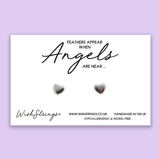Feathers appear when angels are near - Silver Heart Stud Earrings | 304 Stainless - Hypoallergenic