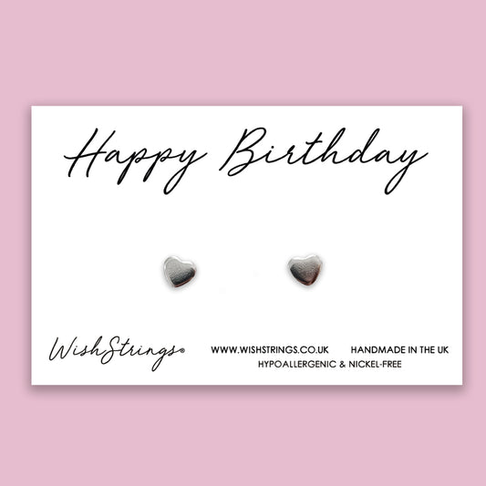 Happy Birthday - Silver Heart Stud Earrings | 304 Stainless - Hypoallergenic