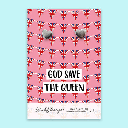 God Save the Queen, Platinum Jubilee - Silver Heart Stud Earrings | 304 Stainless - Hypoallergenic
