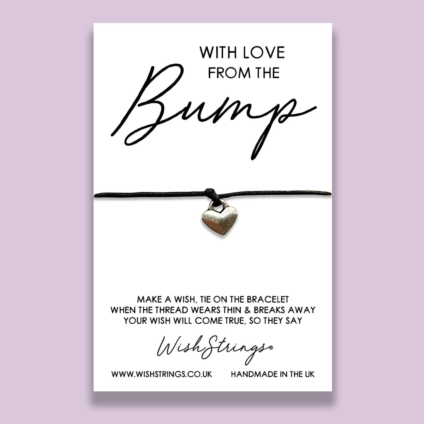 a bracelet with a heart on it and the words, with love from the bump, WishStrings wish bracelet