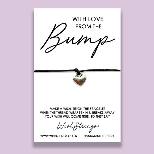 a bracelet with a heart on it and the words, with love from the bump, WishStrings wish bracelet