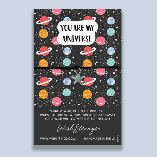 you are my universe, quote WishStrings wish bracelet patterned card with space, stars and planets
